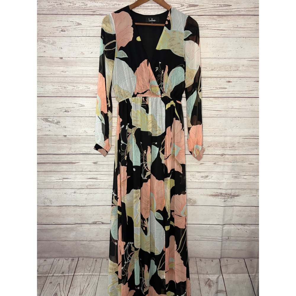 Lulus Wondrous Water Lilies Black Floral Print Maxi Dress Size S MSRP$59